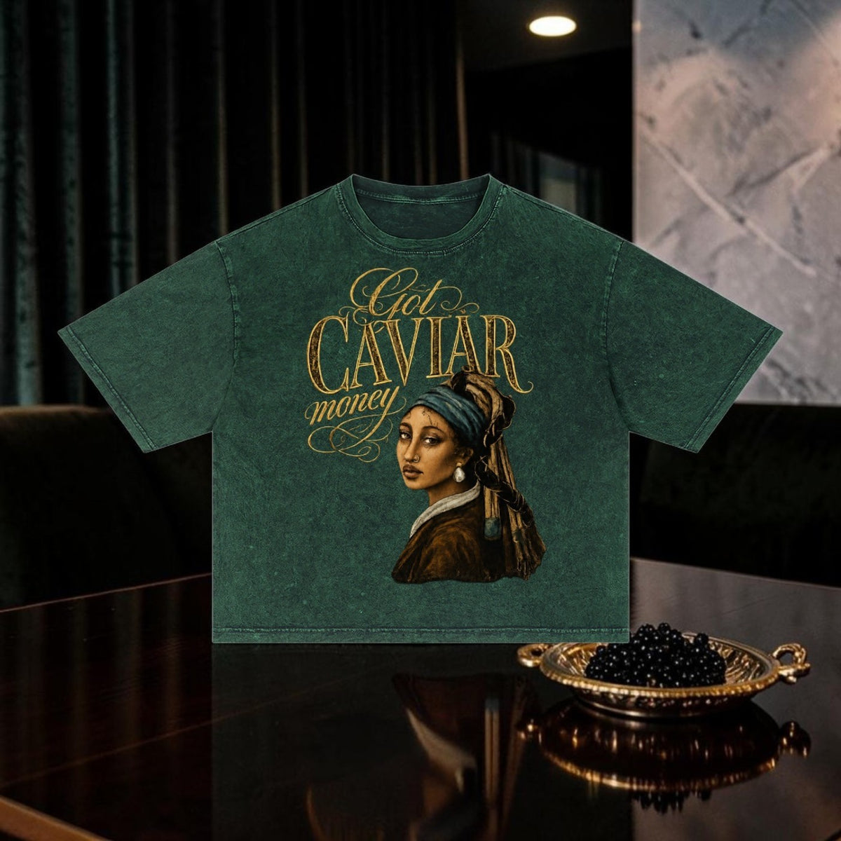 Caviar Club green oversized cotton t-shirt with a vintage snow wash effect and a Girl with a Pearl Earring graphic.