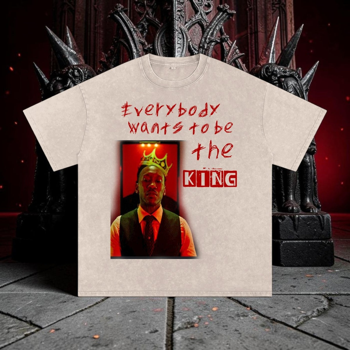 Caviar Club beige snow wash cotton t-shirt with drop shoulder fit and graphic print of a man wearing a crown.
