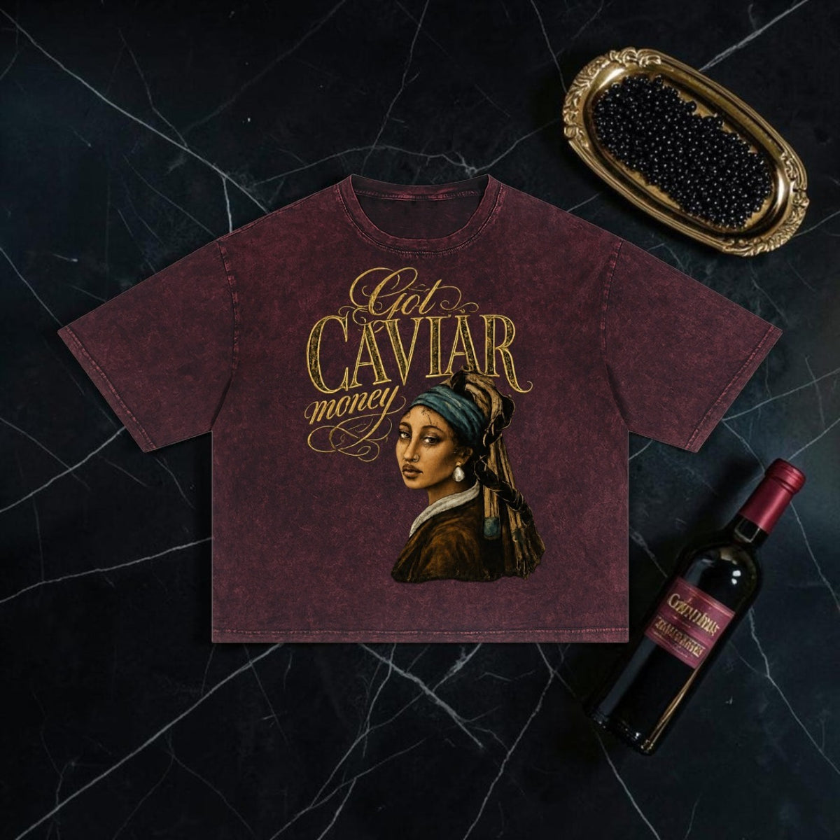 Caviar Club oversized merlot cotton t-shirt with snow wash effect and graphic print of a woman wearing a headscarf.