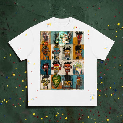 Caviar Club white cotton t-shirt featuring a Jean-Michel Basquiat inspired multi-panel graphic and paint splatter.