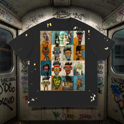 Caviar Club black loose-fit cotton t-shirt featuring a multi-panel Jean-Michel Basquiat-inspired art print