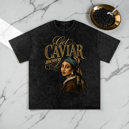 Caviar Club smokey black loose-fit cotton t-shirt with drop shoulders and a graphic print of a woman in a headscarf.