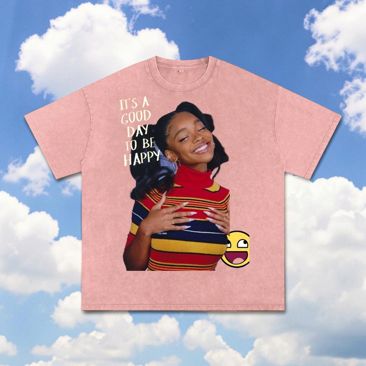 Caviar Club pink snow-wash cotton t-shirt with graphic print of a smiling woman and text in a loose, drop-shoulder fit